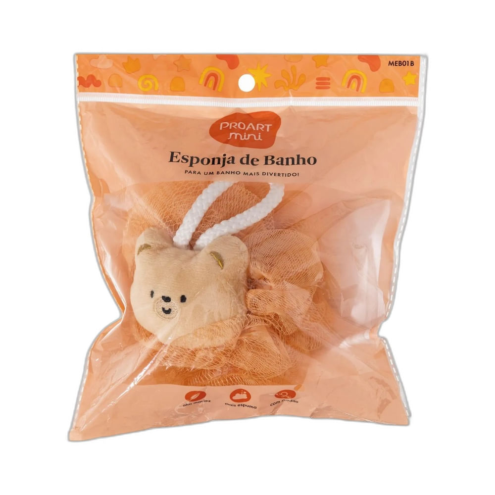 Esponja Proart Banho Urso Mini embalada em saco plástico transparente com fundo laranja